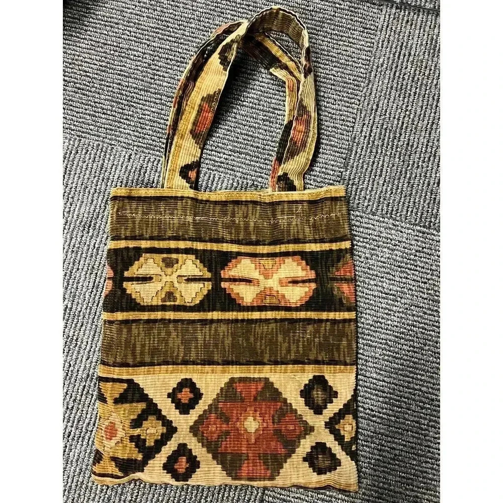 Vintage Ethnic Boho Corduroy Bag with Geometric Pattern in Brown  and Rust Color